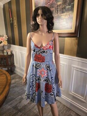 Desigual Blue and Red Striped Floral Spaghetti-Strap Mini Dress